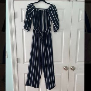 HAUTE MONDE WOMENS NAVY BLUE STRIPED JUMPSUIT